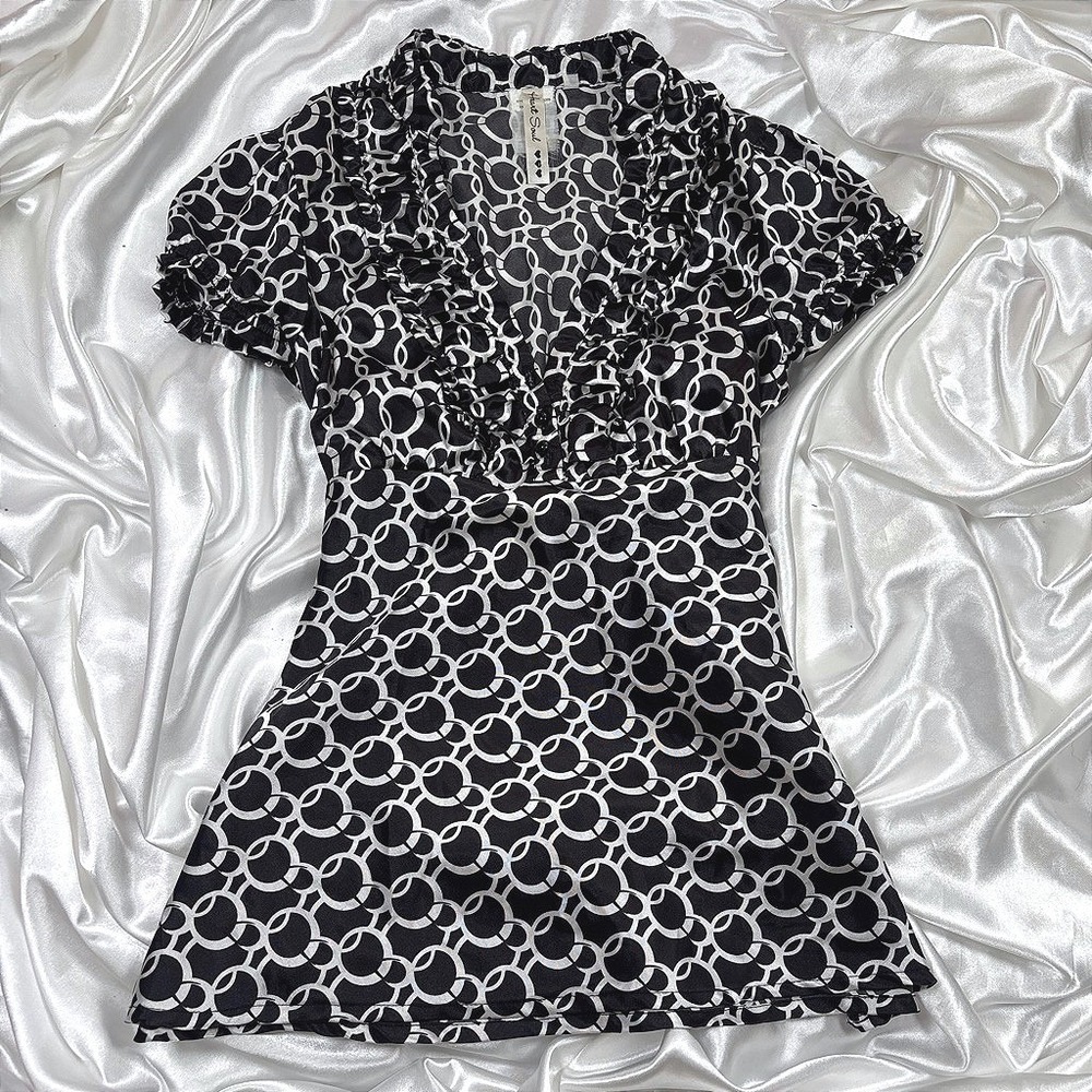 y2k Blouse Black Excellent Heart Soul Ruffle V-Neck Geometric Chain Link Top